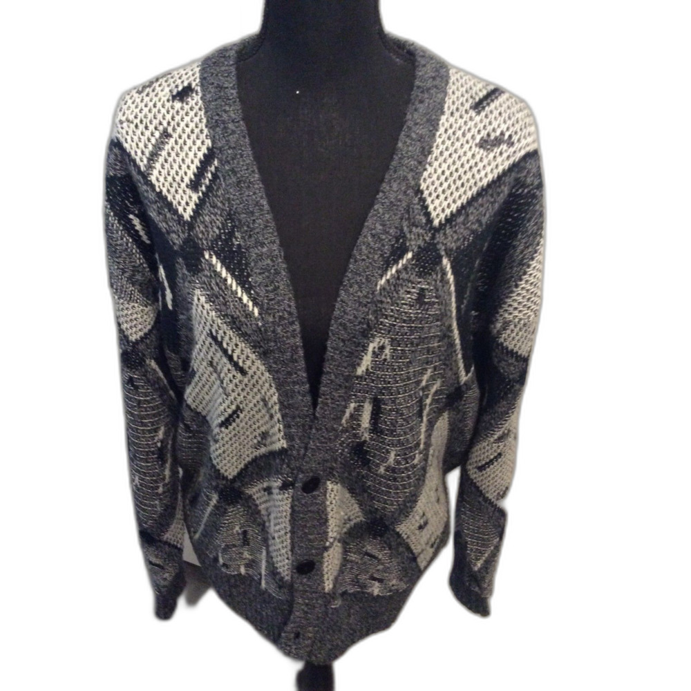 Grandpa vibes Vintage Method mens Cardigan Wool Blend Black White XL